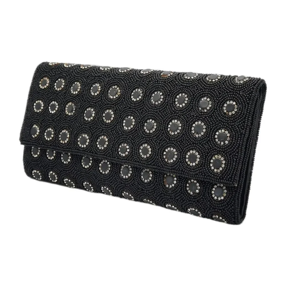 Deepa Gurnani Pattern Handmade Bead/Crystal Evening Bag Clutch Black NEW FLAWS